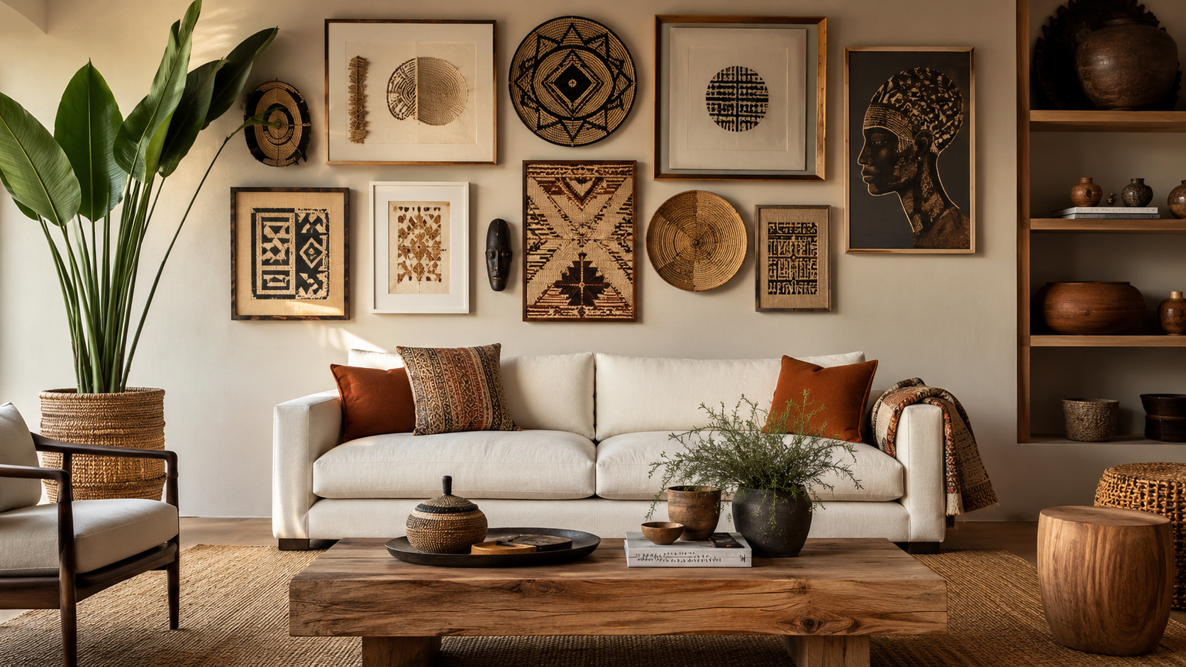 Warm neutral living room with a curated gallery wall featuring woven baskets and black and white art